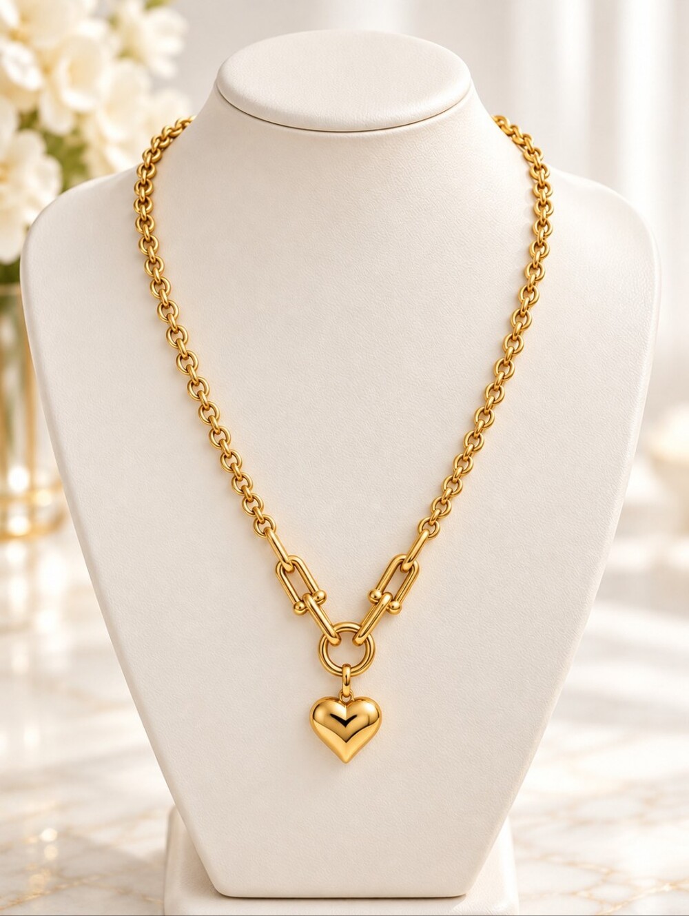 Gold Stainless Steel Heart Pendant Necklace 18” Statement Chain Jewelry
